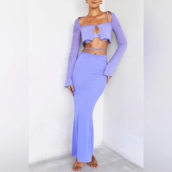 NWT House Of CB Maxi Skirt Amalfi Violet Cut Out Mermaid Vacation Beach  Flowy